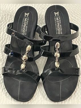 Mephisto Black Patent Low Wedge Heel with Silver Bead Accents